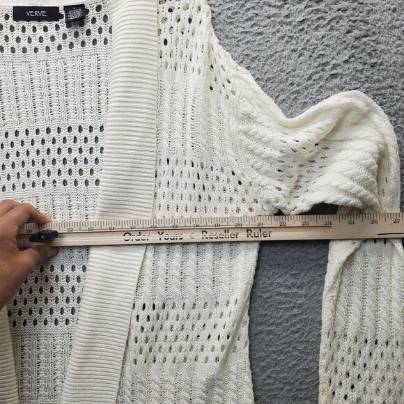 Verve Cardigan Sweater Womens Large Tan Crochet Ribbed Long Sleeve Open Front - Picture 6 of 6